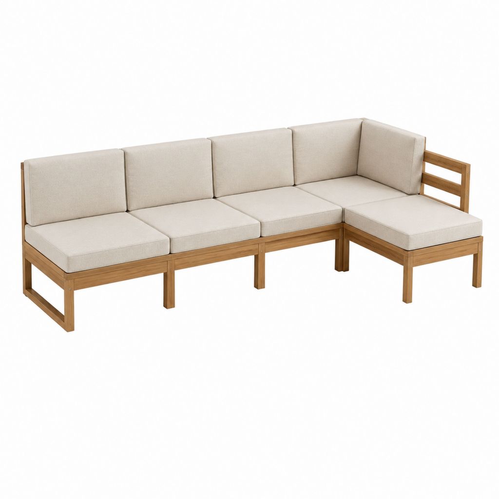 Garten Ecksofa 4 Sitzer Beige aus Akazien Massivholz in L Form 260 x 190 x 75 cm