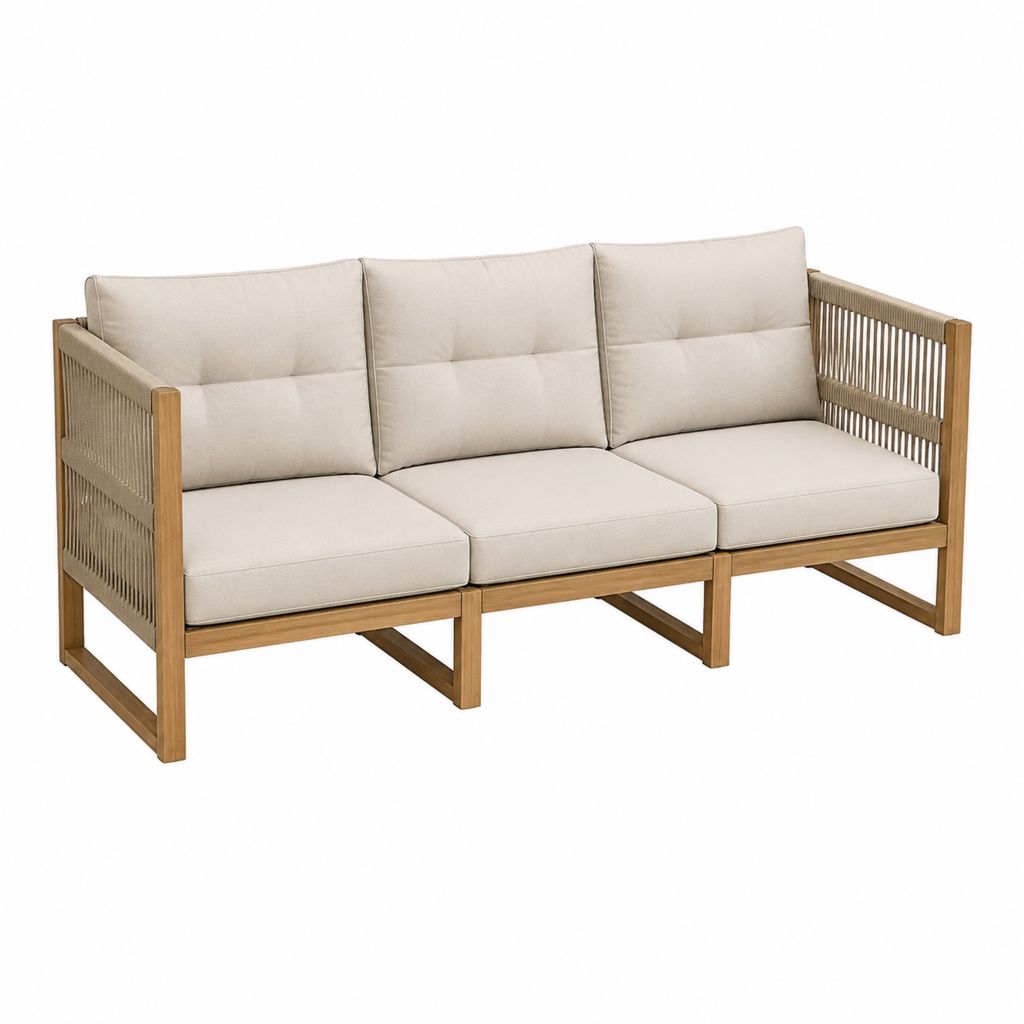 3-Sitzer Gartensofa Beige Akazienholz Polyester PP-Seilgeflecht 195 x 75 x 76 cm