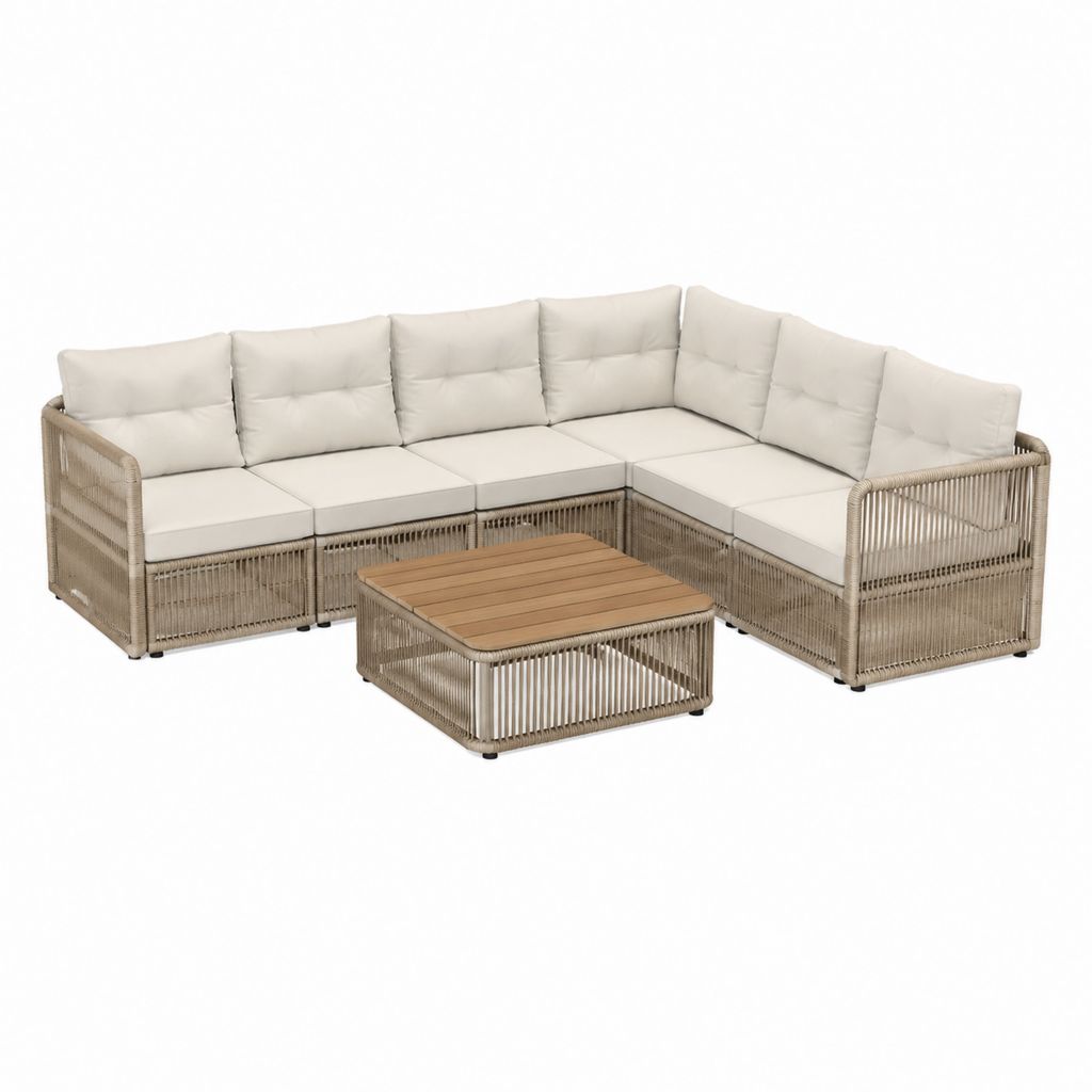 Garten Lounge Set Ecksofa Beige Aluminium PE-Geflecht mit Akazienholz Couchtisch 285 x 215 x 75 cm