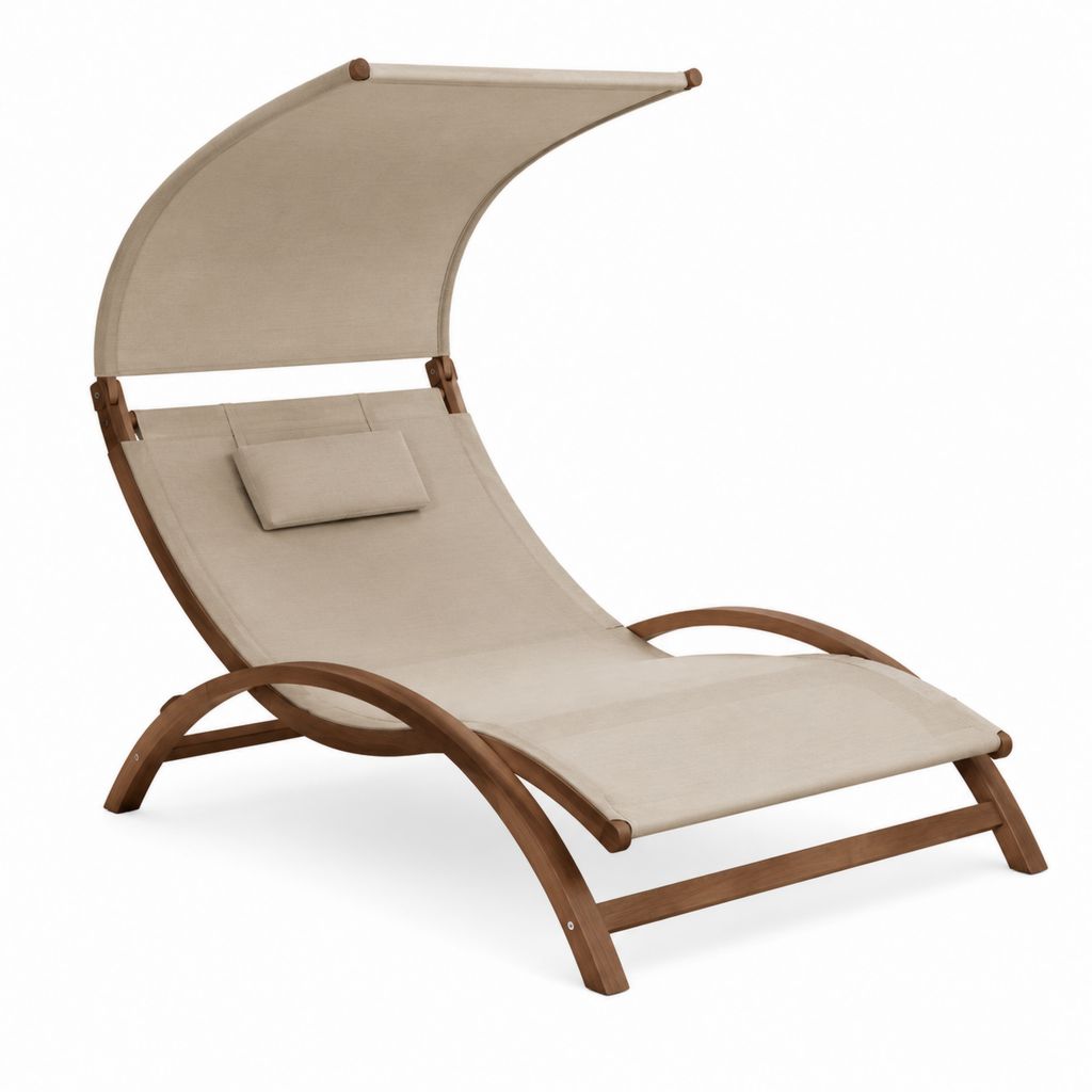 Sonnenliege mit Sonnendach geschwungen beige aus Eukalyptusholz und Polyester 200 x 70 x 165 cm