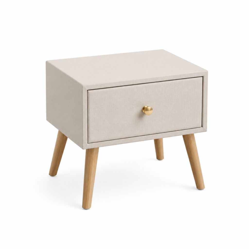 Nachttisch mit Schublade Beige Polyesterbezug MDF Eichenholzoptik Rechteckig 45 x 35 x 55 cm