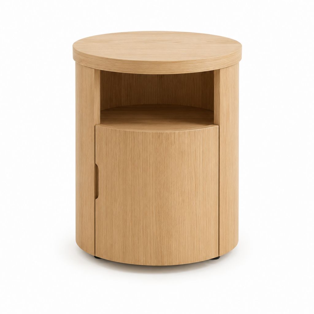 Runder Nachttisch Eiche Natur aus MDF mit Eichenfurnier 40 cm Durchmesser x 55 cm Höhe mit Tür und offenem Fach