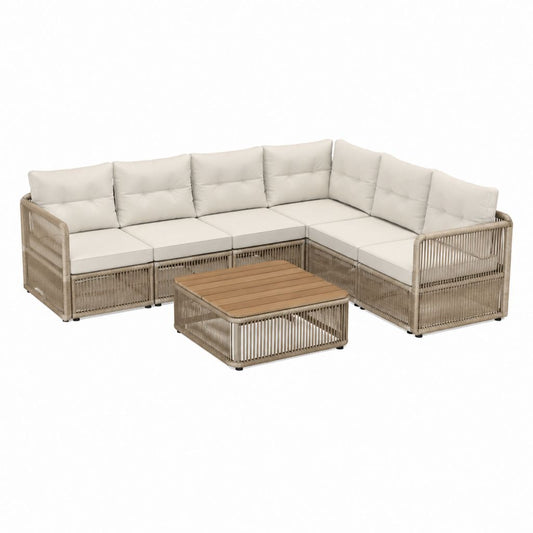 Garten Lounge Set Ecksofa Beige Aluminium PE-Geflecht mit Akazienholz Couchtisch 285 x 215 x 75 cm