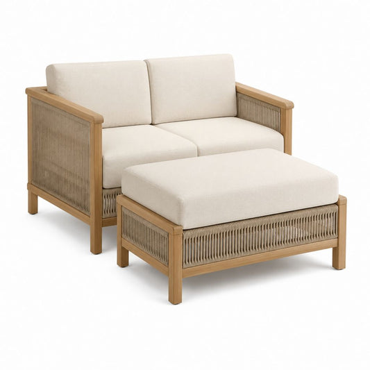 2-Sitzer Gartensofa Set Beige mit Akazienholz und PP-Seilgeflecht 154 x 80 x 75 cm mit Hocker 120 x 70 x 40 cm