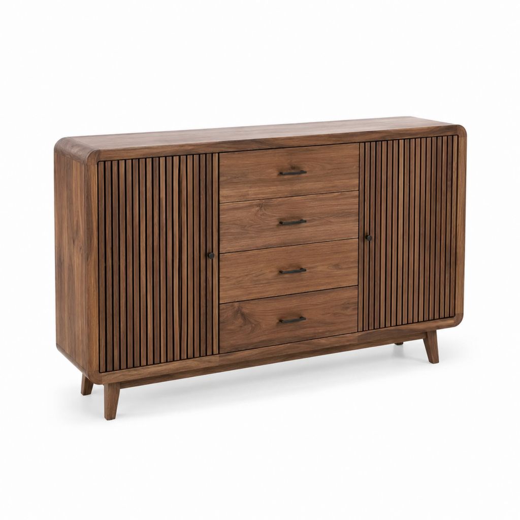 Sideboard Kommode Walnussfurnier rechteckig mit 4 Schubladen 2 Türen 160 x 45 x 85 cm