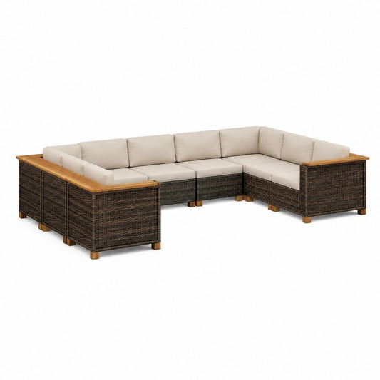 Garten Ecksofa Set Braun Beige Polyrattan Akazienholz 280 x 210 x 70 cm
