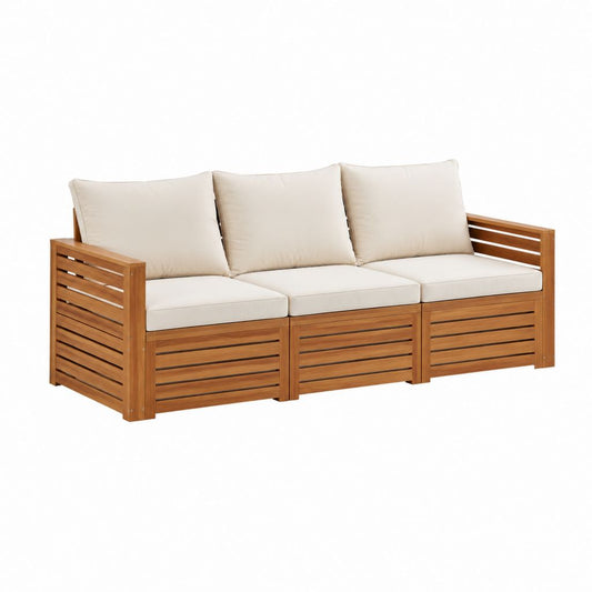 3-Sitzer Gartensofa Beige Akazienholz mit Polyesterkissen 200 x 70 x 75 cm