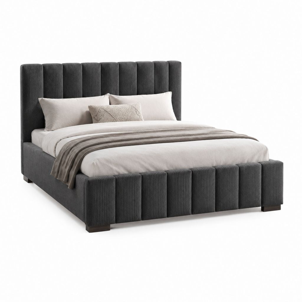 Stauraumbett 160 x 200 cm dunkelgrau mit Polyester-Cordbezug und gepolstertem Kopfteil