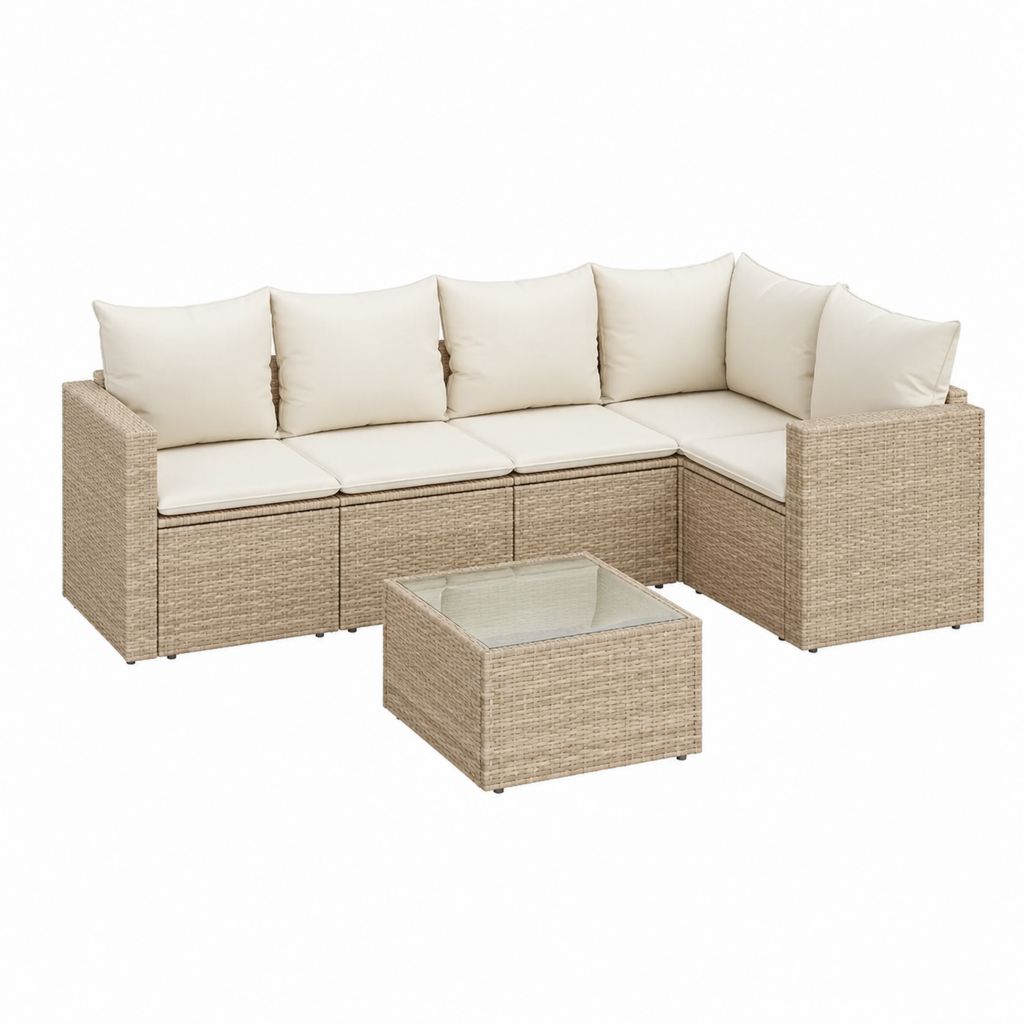 3-teiliges Gartenlounge-Set Beige aus PE-Rattan mit Ecksofa und Glastisch 210 x 210 x 85 cm