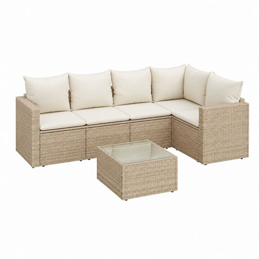 3-teiliges Gartenlounge-Set Beige aus PE-Rattan mit Ecksofa und Glastisch 210 x 210 x 85 cm