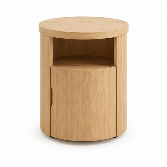 Runder Nachttisch Eiche Natur aus MDF mit Eichenfurnier 40 cm Durchmesser x 55 cm Höhe mit Tür und offenem Fach